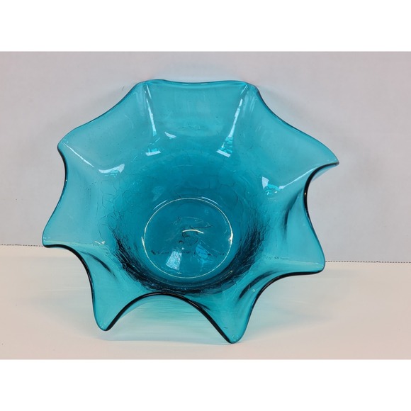 Vintage Blenko Glass Bowl Crackle Fluted Crimped Blue 9" - Picture 4 of 7